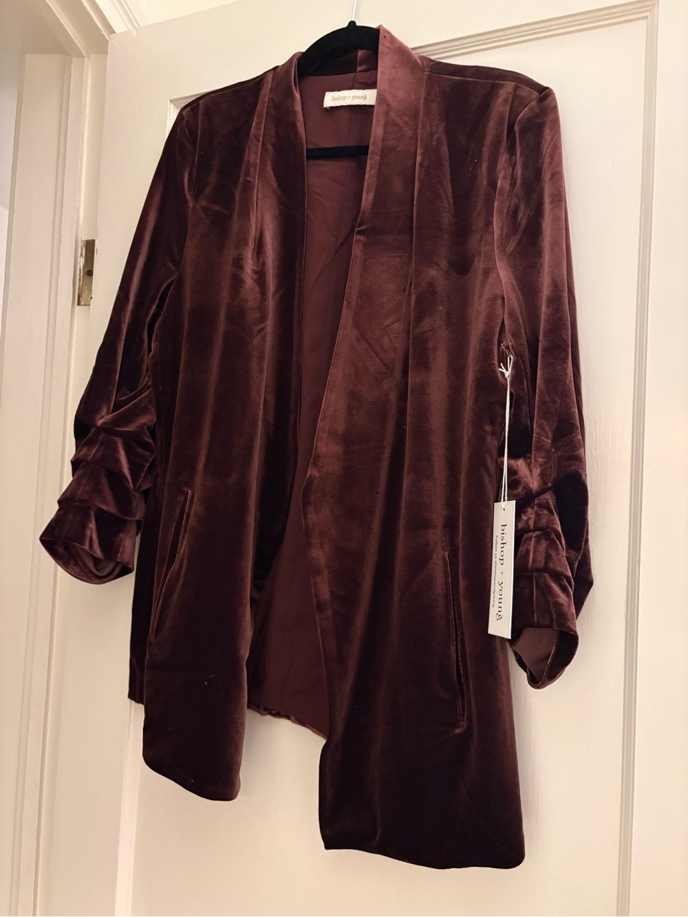 bishop + young velvet open-front blazer in burgundy